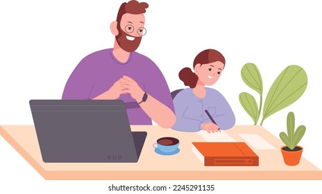 Father helping daughter with homework. Parent studying kid isolated on white background