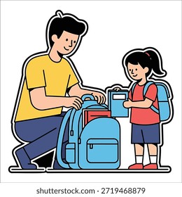 Pai ajudando filha mochila para a escola com livros menina