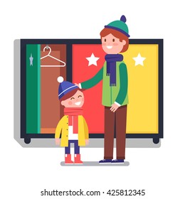 Father helping his boy son kid to dress near the kindergarten corridor locker. Modern flat style vector illustration cartoon clipart.