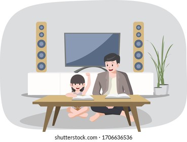 Father is helping his daughter studying at home