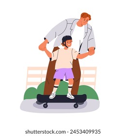 Padre ayudando a niño en patineta. Papá enseñando a su hijo feliz montar en patineta, tomados de la mano para la Asistencia. Tiempo activo en familia al aire libre. Ilustración vectorial plana aislada sobre fondo blanco