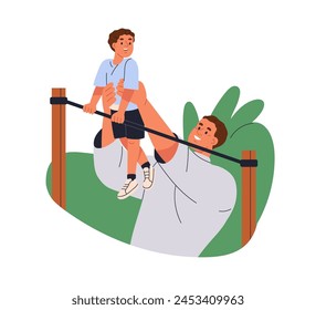 Padre ayudando a un niño pequeño a hacer ejercicio en un bar deportivo. Feliz papá y niño entrenando al aire libre. Familia activa, hombre y niño hijo, entrenamiento de fuerza. Ilustración vectorial plana aislada sobre fondo blanco