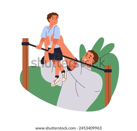 Father helping little kid exercise on sports bar. Happy dad and child training outdoors. Active family, man and boy son, strength workout. Flat vector illustration isolated on white background