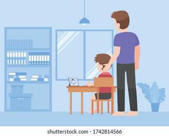 Father helping son doing homework together working, people in new normal life learns lessons distance education at home self learning for prevent coronavirus, Distance Learning concept.