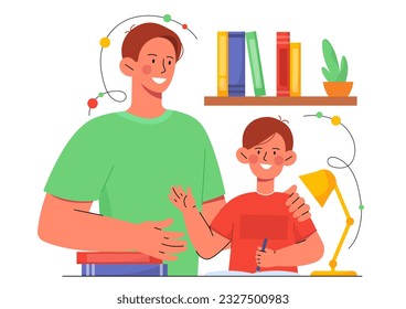 Father helping son with homework concept. Man and child studying. Development of kids skills. Education, learning and training in home. Knowledge and information. Cartoon flat vector illustration