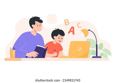 Father Helping Son With Homework Flat Vector Illustration. Dad And Kid Sitting At Table, Looking At Laptop Screen. Parent Teaching Child, Learning School Discipline, Reading Book. Family, Study