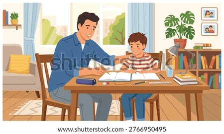 Father Helping Son with Homework at Home Vector Illustration.