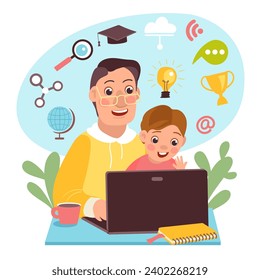 Father helps child to do his homework. Childish online education. Home learning process. Modern remote schooling. Family study together. Dad and son at laptop. Splendid