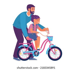 Father helps the child and teaches him to ride a bicycle, cartoon flat vector illustration isolated on white background. Father gives his son a lesson in cycling.