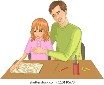 Father helps daughter to read a book