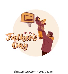 Father helps his little daughter to throw the ball into the basketball hoop. Vector color flat illustration with characters in cartoon style on the white background with lettering.