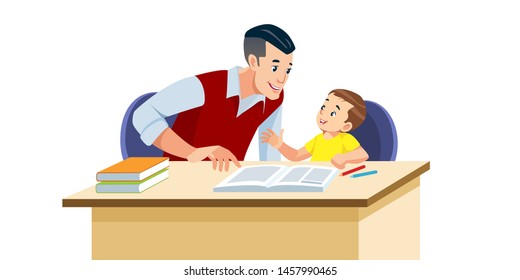 Father helps his son to do homework in school. He suggests how to do it right. They are in a good mood. Best Dad help baby to study. Isolated vector illustration in cartoon style