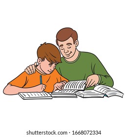 a father helps his son with his homework. learn for school at a table with books, comic.