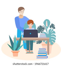 a father helps his son with homework on a laptop. Teaching children online. Home classes.  Dad explains to the boy how to complete the task. Vector illustration in a flat cartoon style.