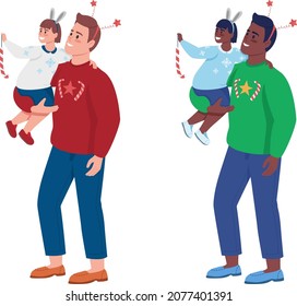 Father helps son to decorate semi flat color vector characters set. Posing figures. Full body people on white. Christmas isolated modern cartoon style illustration for graphic design and animation