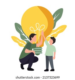 father helps son find ideas in learning vector illustration with flat design. father encouraging son 