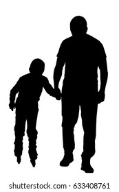 Father helps son with roller skating 