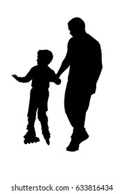 Father helps son with roller skating 