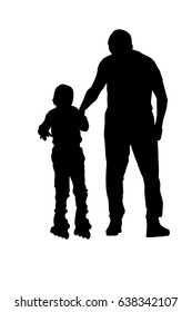 Father helps son with roller skating 
