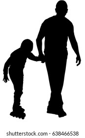 Father helps son with roller skating 