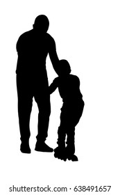 Father helps son with roller skating 