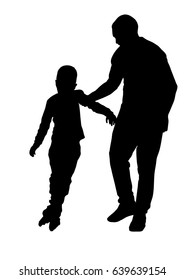 Father helps son with roller skating 