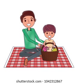father with her son sitting on blanket with food basket vector illustration