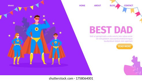 Father hero, happy child with cartoon best dad, vector illustration. Family congratulation, kid character and parent. Greeting celebration card for male superhero, landing website page.