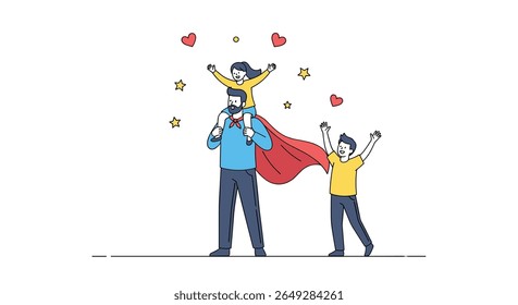 Father hero with his children celebrating father's day with hearts and stars a joyful family moment illustration