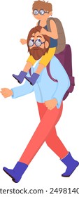 Father hiking with son. Travelling parent and kid with backpacks