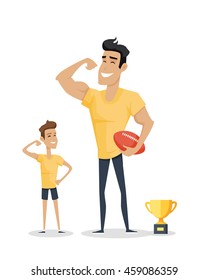 Father and his adorable son with basketball soccer and cup. Role model, greatest mentor. Part of series of fathers day celebration banners. Honoring dads. Fatherhood concept, paternal bonds. Vector