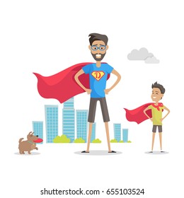 Father And His Adorable Son Superheroes. Playing Outdoors. Role Model, Greatest Mentor. Honoring Dads. Fatherhood Concept, Paternal Bonds. Vector