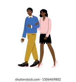 Father and His Adult Daughter, Girl Walking with Her Dad, Happy African American Family Concept Vector Illustration