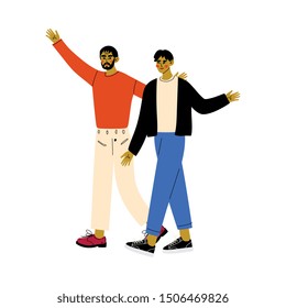 Father and His Adult Son, Dad Hugging His Son while They Walking, Happy Family Concept Vector Illustration