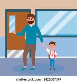 father with his boy student with uniform and backpack