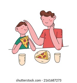 Father and his child. Hand drawn vector illustration isolated on white background. Cartoon characters eat pizza and rest.