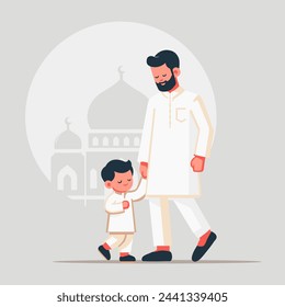 A Father And His Children Are Celebrating The Eid Al Fitr Fat Illustration With Vector Art