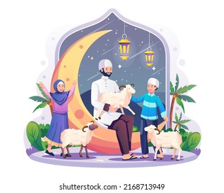 A Father And His Children Are Celebrating The Night Of Eid Al-Adha With The Sheep. A Muslim Sitting On The Crescent Moon Holding A Lamb. Vector Illustration In Flat Style