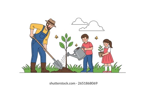 A father and his children plant a tree together for environmental conservation and a greener future