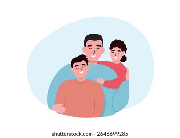 Father with his children together. Happy family, dad, son and daughter hug each other. Vector flat graphics.