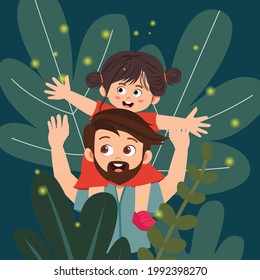 Father and his cute little Daughter. Happy Fathers Day. Cartoon Illustration isolated on green jungle theme background.