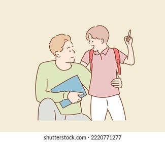 A father and his cute son looking at one another while talking. Hand drawn style vector design illustrations.