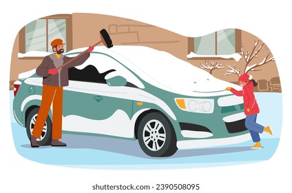 Father And His Daughter, Bundled Up In Winter Gear, Bond While Clearing Snow From Their Car. Happy Family Characters Sharing Laughter And Warmth during the Work. Cartoon People Vector Illustration