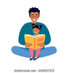 Father and his daughter enjoy reading book together in flat design on white background.