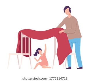 Father and His Daughter Playing Blanket House, Girl Sitting in Hut, Parent and Kid Spending Time Together at Home Flat Style Vector Illustration