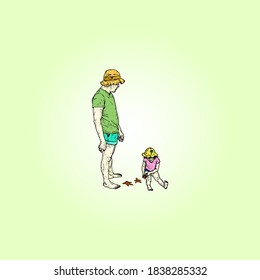 A father and his daughter playing with starfish for the concept of summer outdoor recreation. Hand drawn vector illustration.