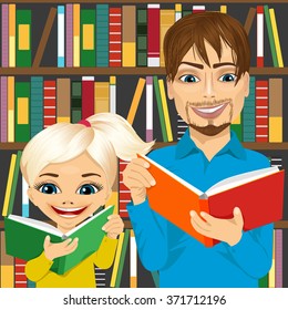 father and his daughter reading interesting books in library