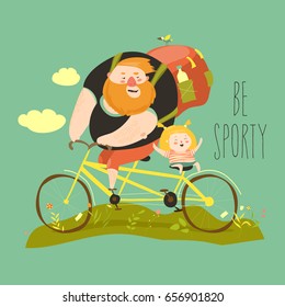Father and his daughter ride tandem bike