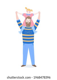 Father with his daughter. Daughter sits on father's neck. Happy family. Vector illustration