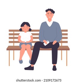 Father and his daughter staying on wood bench. Spending happy family moments together cartoon vector illustration